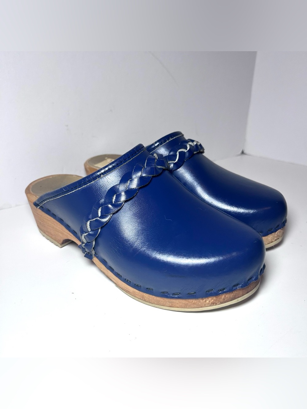 Vintage Anna Swedish Clogs EUR 36 US 5.5-6 Cobalt Blue Leather Wood Soles
